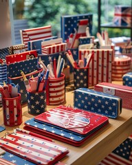 A line of American flag themed office supplies, including stationery, folders, and desk organizers