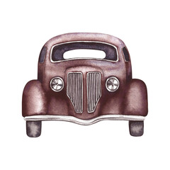 Vintage retro car in dark red color, front view. Watercolor illustrations are made by hand, in isolation. For banners, flyers, posters. For prints, stickers, postcards.