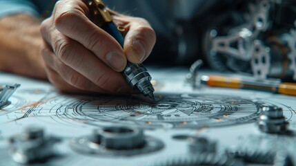 Closeup of a mechanical engineers hand using a precision drafting tool to design a complex gear system, set against a backdrop of engineering blueprints