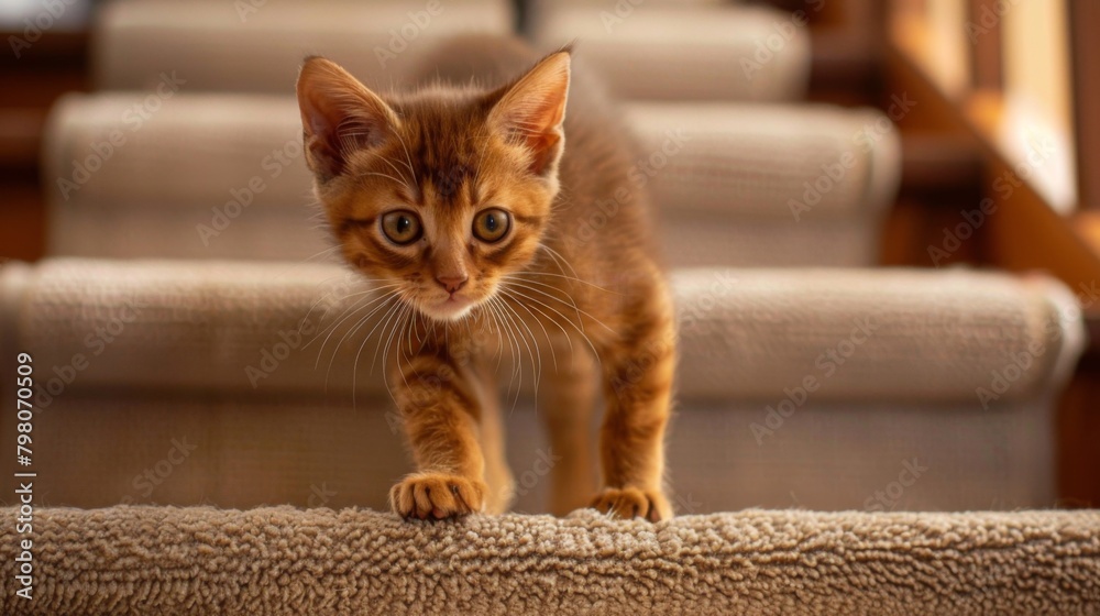 Wall mural A brown striped kitten tiptoes cautiously on the wooden edge of steps with a warm, glowing background