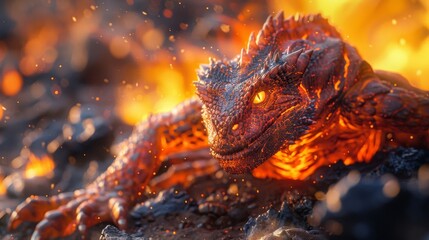 A lizard with red eyes is laying on a rock in front of a fire