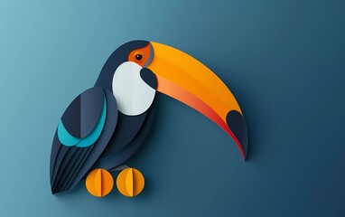 Paper cut toucan icon isolated on blue background. Paper art style. Vector Illustration