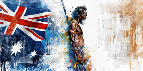 Australian Flag with an Aboriginal Elder and a Surfer - Visualize the Australian flag with an Aboriginal elder representing Australia's indigenous culture and a surfer