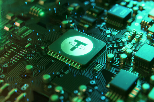 Tether or USDT crypto currency concept. TETHER coin or  logo on microchip