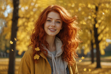 A beautiful girl with red hair in a sunny autumn park. Yellow maple leaves are falling from the sky.