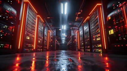 Securely lit data storage room with digital servers stacked in racks. Concept Data Security, Server Room, Rack Storage, Lighting, Digital Servers
