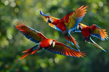 colorful parrot perched on a vibrant tropical flower, detailed texture of feathers, in a lush rainforest setting Blue and yellow Macaw in front, red, Scarlet macaw parrot flying isolated