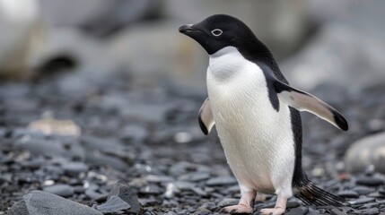 Fototapeta premium A lone Adelie Penguin stands among grey rocky terrain in the stark and frigid Antarctic environment