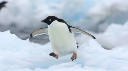 This engaging shot captures an Adelie Penguin mid-stride on a snowy expanse, epitomizing survival in extreme elements