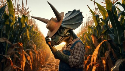 A dinosaur wearing a cowboy hat and overalls is standing in a corn field.