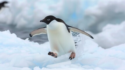 A dynamic shot of an Adelie penguin mid-leap, surrounded by splashing snow and icy background