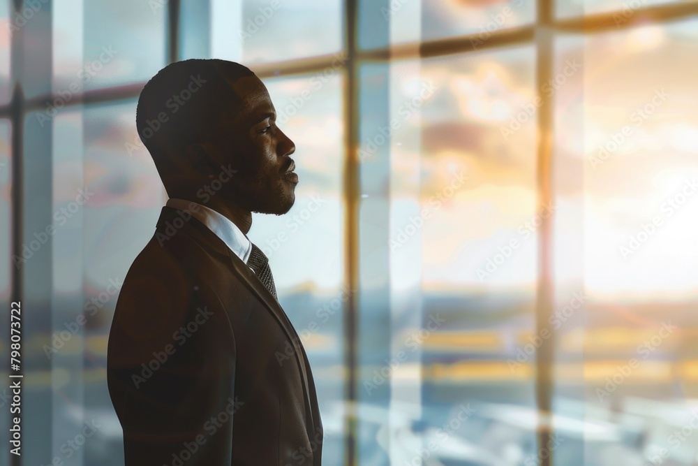 Poster A man in a suit standing in front of a window, suitable for business concepts