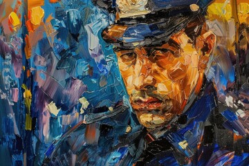 A realistic painting of a man in a police uniform. Suitable for law enforcement concepts