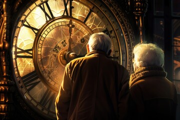 Elderly couple looking at huge clock. Two old people and their time slipping away. Concept of life passing. AI generated