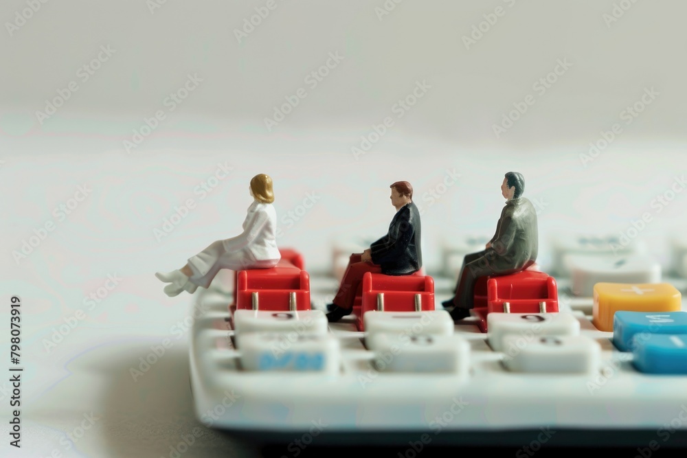 Poster miniature figurines sitting on a keyboard, perfect for technology concepts