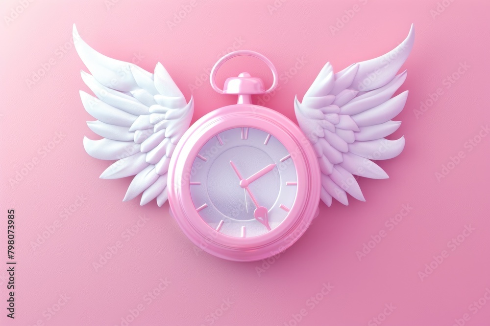 Poster A pink clock with angel wings on a pink background. Suitable for various design projects