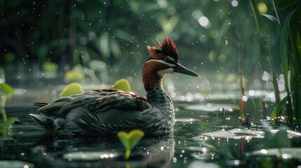 A unique duck with a mohawk sitting in the water. Suitable for various creative projects - Powered by Adobe