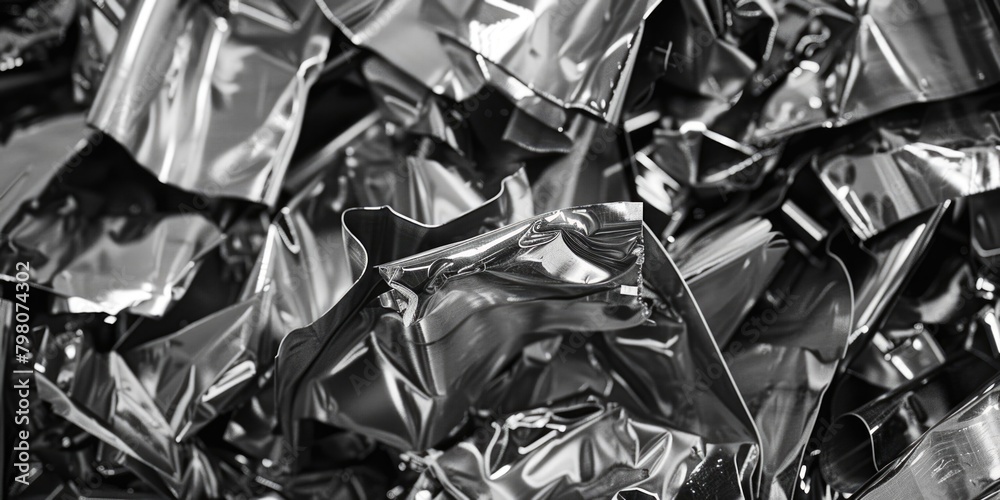 Poster A monochrome image of a pile of silver foil. Suitable for design projects