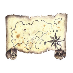 Vintage vintage map, treasure island. Watercolor illustrations are made by hand, in isolation. For banners, flyers, posters. For prints, stickers, postcards and tickets, For children's pirate games.
