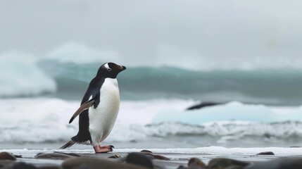 With a tranquil demeanor, a Gentoo penguin stands on a rocky shore, icebergs drifting in the ocean behind under a pale sky