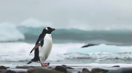 Obraz premium With a tranquil demeanor, a Gentoo penguin stands on a rocky shore, icebergs drifting in the ocean behind under a pale sky