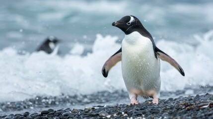 A serene Gentoo penguin stands gazing towards the sea as ocean spray mists the air around it, set against a pebble-filled shore
