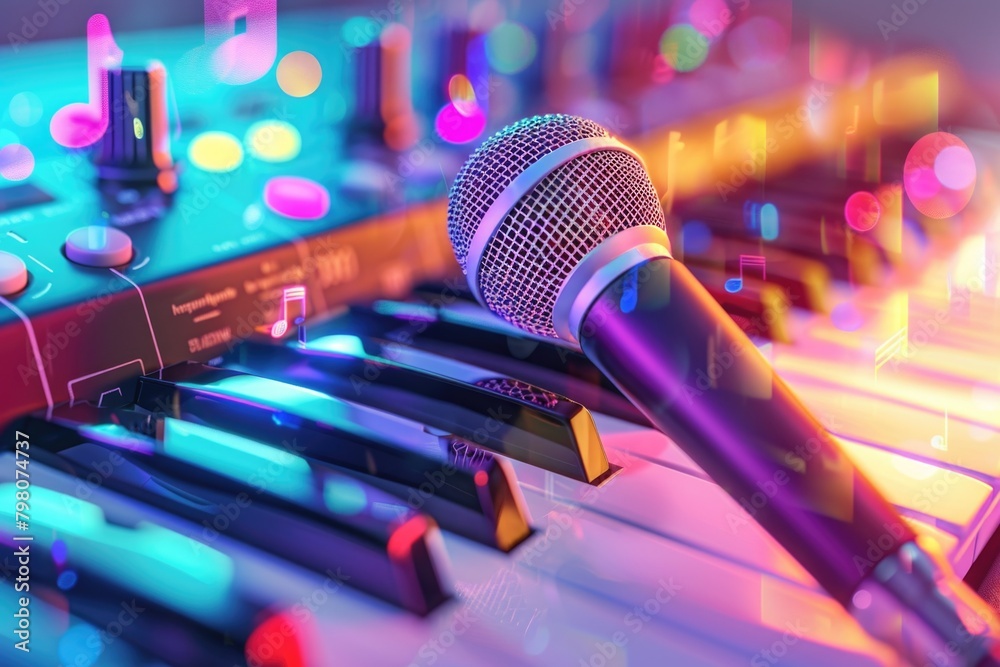 Poster A microphone sitting on top of a keyboard. Suitable for music or technology themes