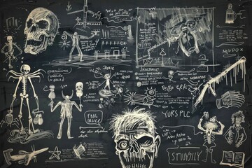 A chalkboard covered in various drawings, ideal for educational or creative concepts