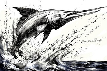 A black and white drawing of a marlin fish jumping out of the water. Ideal for sports or fishing themed designs