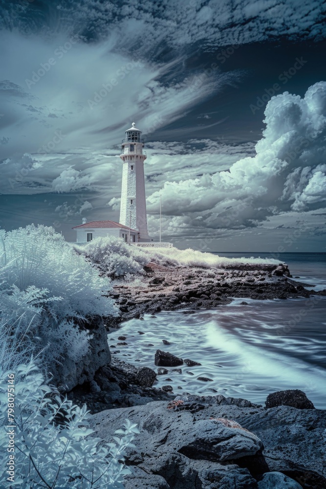 Poster A lighthouse standing on a rocky shore under a cloudy sky. Suitable for maritime and coastal themes