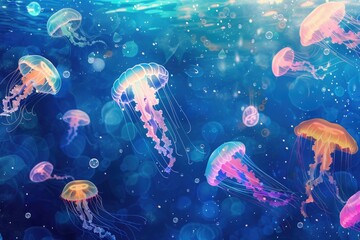 Group of jellyfish swimming in the ocean. Perfect for marine life concepts