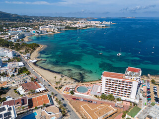 San Antonio, Ibiza, Spain. 04.26.2024 Aerial image of San Antonio Bay on the Island of Ibiza.  26th...