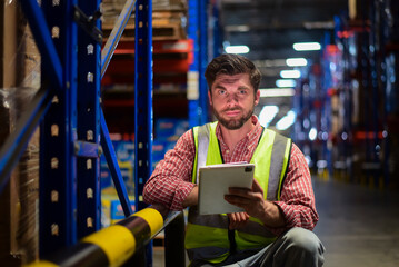 Smart caucasian man warehouse worker wearing safety vests checking inventory stock online...