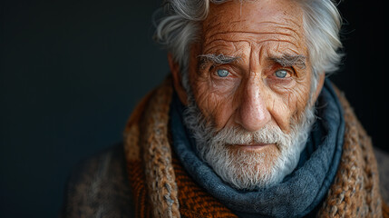 Professional studio photo portrait of a nice pleasant elderly man, senior, a retiree, with a pronounced emotional expression, widescreen 16:9