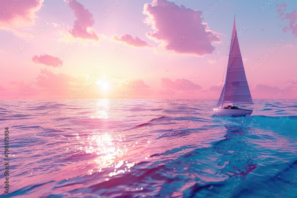 Poster a sailboat sailing in the middle of the ocean at sunset. ideal for travel and adventure concepts