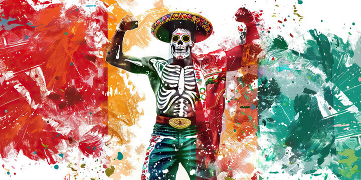 Mexican Flag with a Day of the Dead Celebrant and a Luchador - Imagine the Mexican flag with a Day of the Dead celebrant representing Mexico's cultural traditions and a luchador