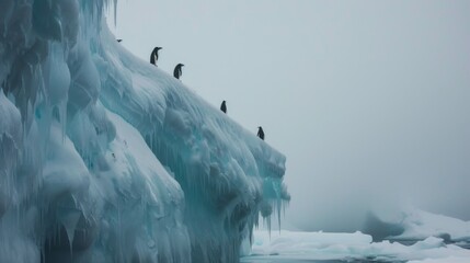 A distant view shows penguins on the icy peaks of a grand ice formation overhanging the sea