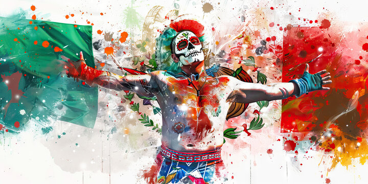 Mexican Flag with a Day of the Dead Celebrant and a Luchador - Imagine the Mexican flag with a Day of the Dead celebrant representing Mexico's cultural traditions and a luchador