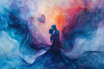 This captivating artwork depicts the abstract silhouette of a couple embraced, with a heart shape uniting them, set against a dreamy, colorful background.