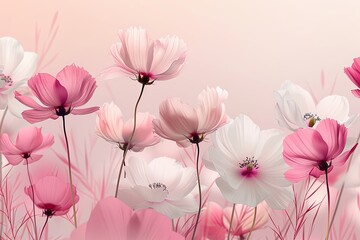 Gentle cosmos flowers in shades of pink and white, evoking a serene field at dawn, perfect for peaceful and calm themes.