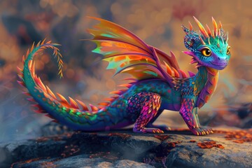 A vibrant dragon perched on a rock. Ideal for fantasy themed designs