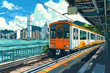 Fototapeta premium Orange and white train moving along tracks next to a body of water. Suitable for transportation or travel concept