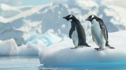 Obraz premium Two penguins stand apart while maintaining closeness, showcasing the concept of companionship