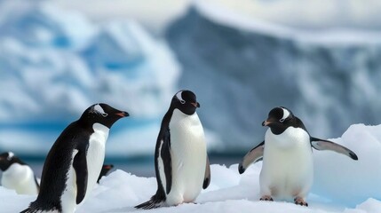 Fototapeta premium An engaging view of multiple penguins in varying poses set against the Antarctic icy landscape, highlighting the diversity of these birds' expressions