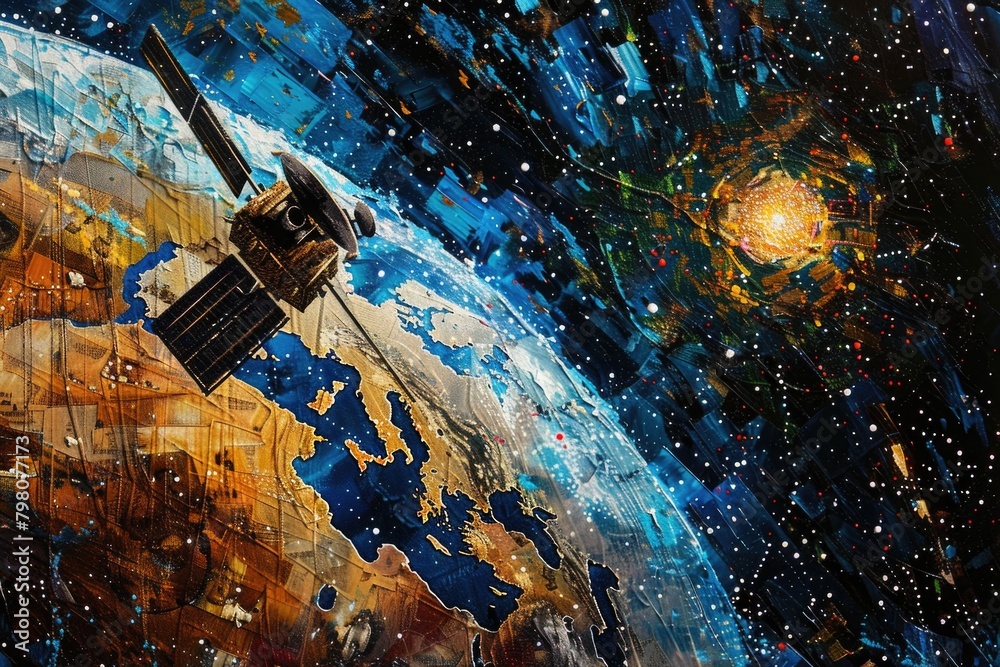 Poster A painting of a satellite in space with a planet in the background. Ideal for science and technology concepts