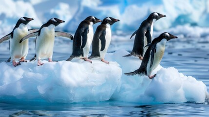 Obraz premium A group of five penguins poised on a fast-melting ice floe in vivid detail