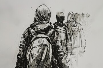 A drawing of a group of people with backpacks. Suitable for travel and adventure concepts