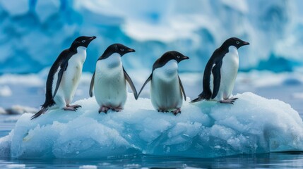Capturing five penguins posing side by side against a striking blue, glacial backdrop, emphasizing...