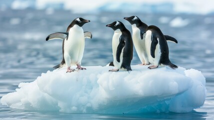 Fototapeta premium An adorable trio of penguins seems to dance on a drifting iceberg with a soft-focus ocean background evoking a sense of freedom