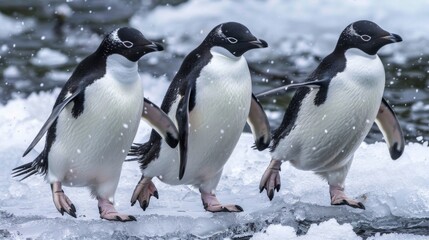 Three penguins are stepping in sync amongst snowflakes in their Antarctic habitat